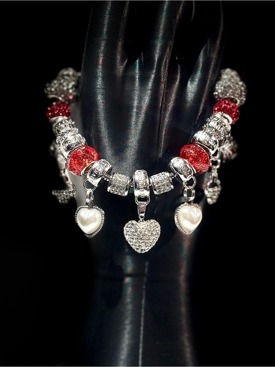 Jewelry - Elegant Silver and Red Heart Charm Bracelet